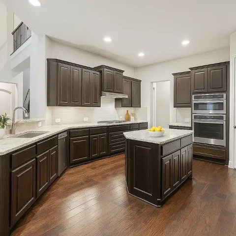 a kitchen with kitchen island granite countertop a sink cabinets and stainless steel appliances