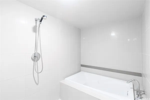 a bathroom with a bath tub with a shower