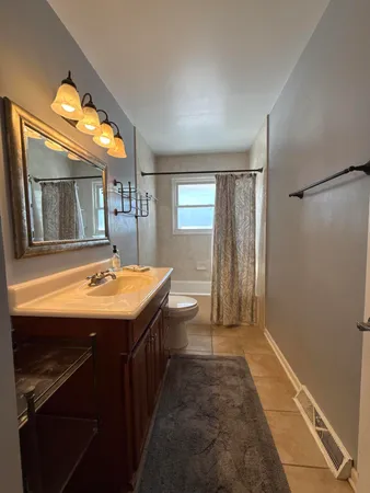 a bathroom with a sink a toilet a mirror and a tub