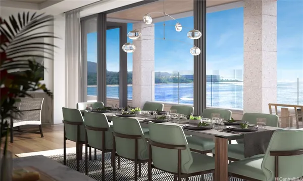 a view of a dining room with furniture window and outside view