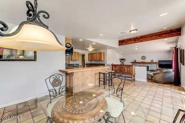 a view of a dining room with furniture