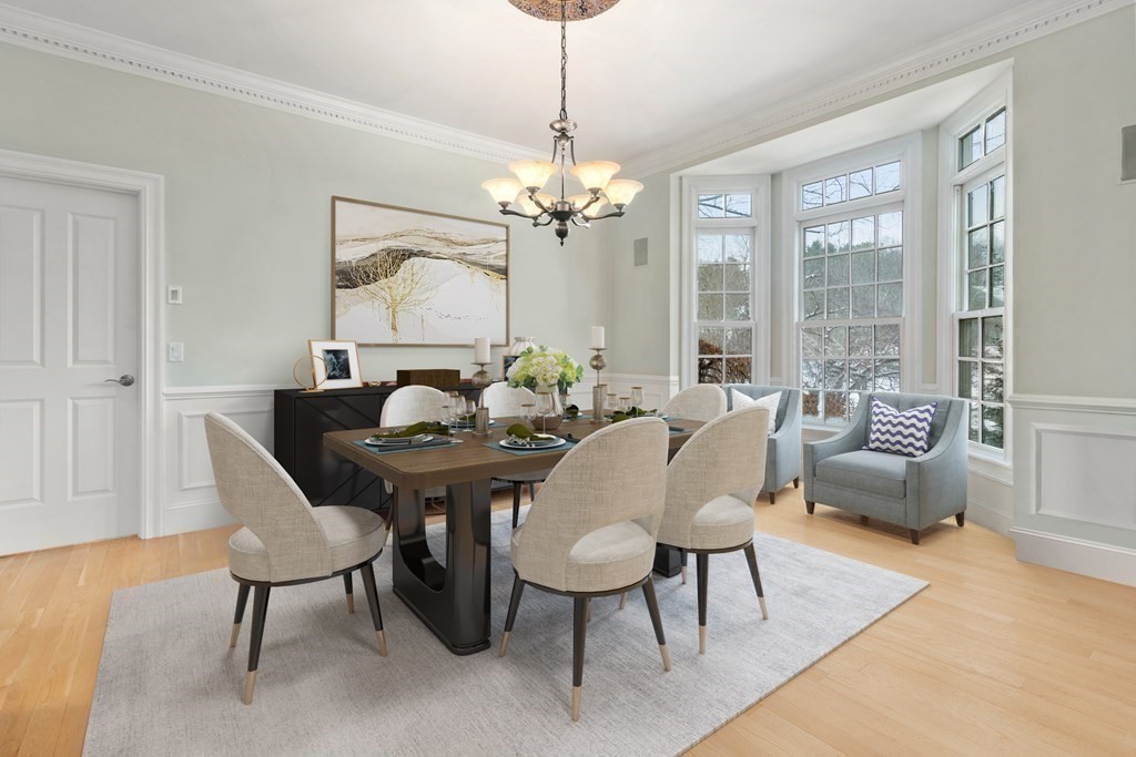 8 Stonegate Lane Dover, MA 02030 - Photo 14 of 42 a view of a dining room with furniture a chandelier and wooden floor