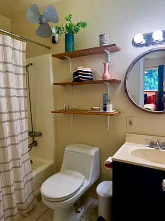 a bathroom with a sink mirror vanity and toilet