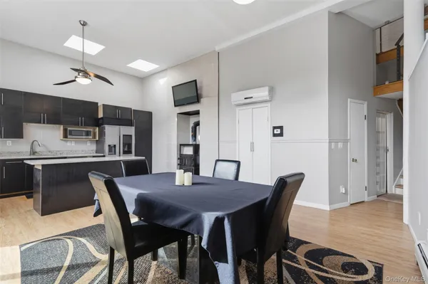 a view of a dining room with furniture
