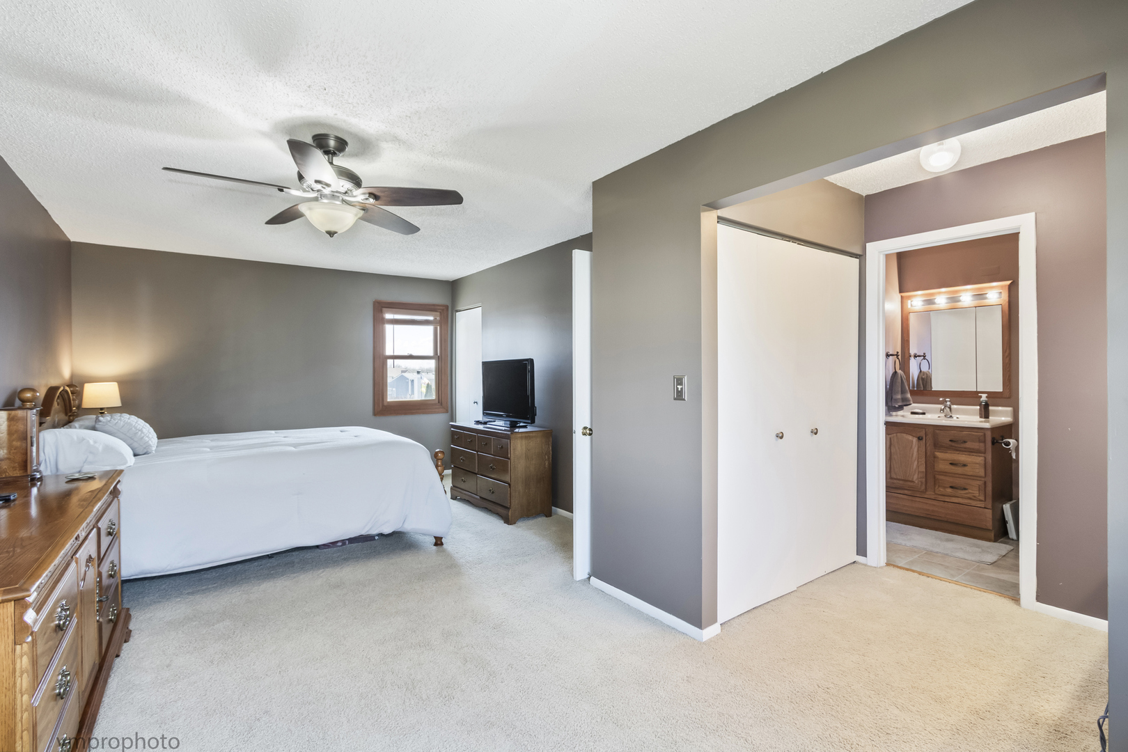832 Kansas Street Carol Stream, IL 60188 - Photo 11 of 26 a spacious bedroom with a bed and a chandelier
