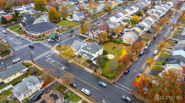 an aerial view of a swimming pool