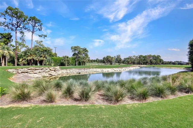 a view of a lake with houses in the background