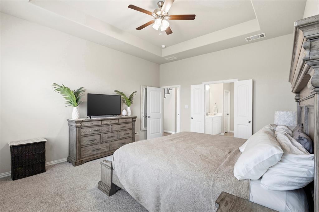 107 Yampa Court Rhome, TX 76078 - Photo 23 of 30 Carpeted bedroom featuring a tray ceiling with a ceiling fan, light gray wall paint, and double entryways to a bathroom with a white vanity and sink