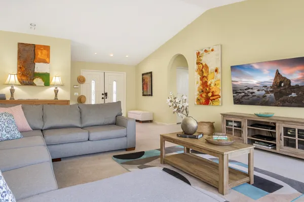 a view of a dining room with furniture window and outside view