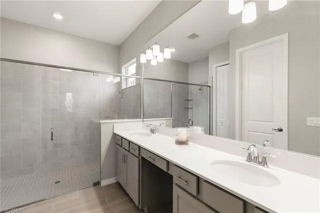 a bathroom with a shower sink vanity and a mirror