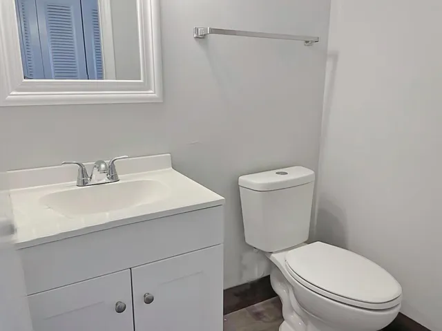 a bathroom with a sink a toilet and a mirror