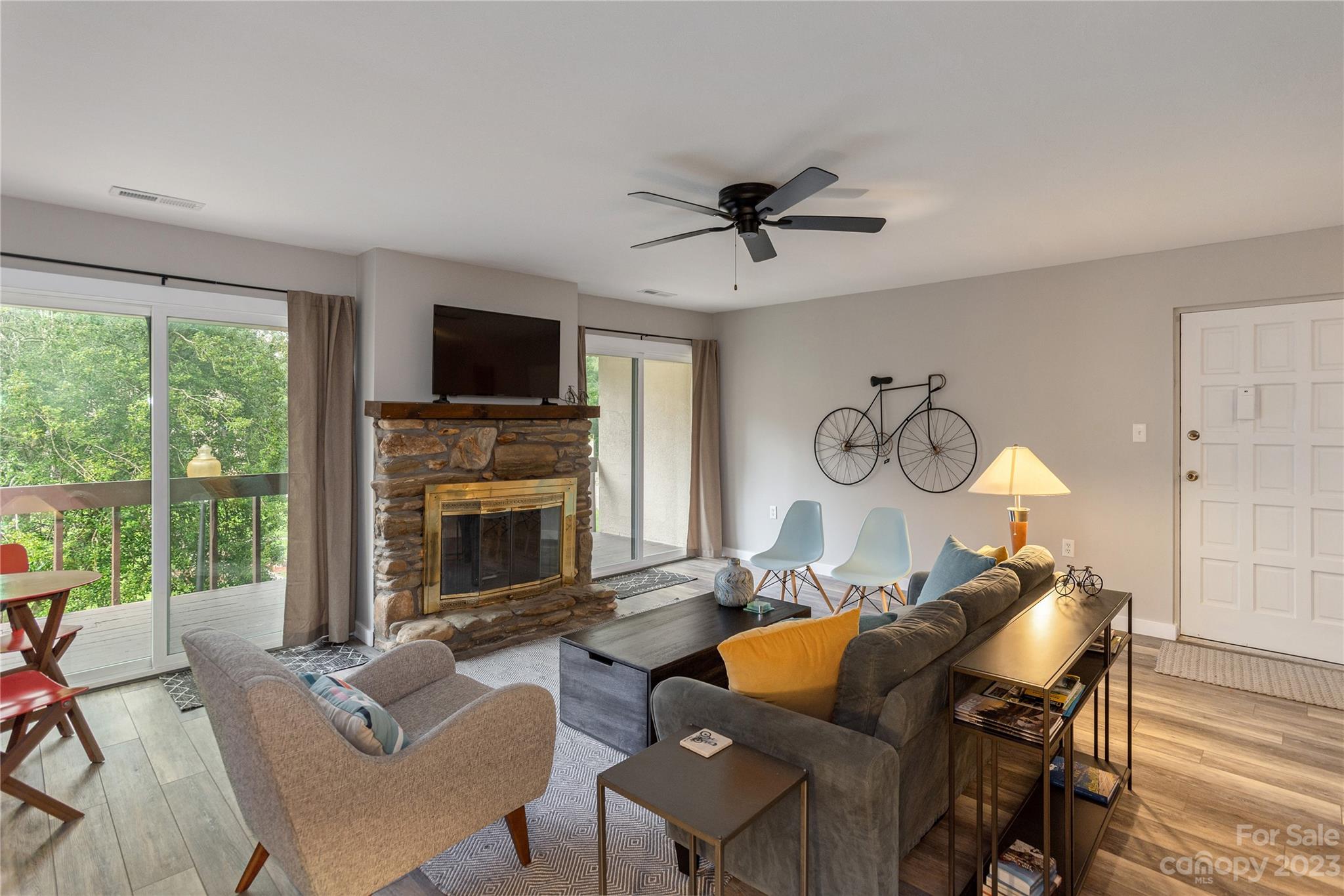 111 Shepard Square, Unit 608 Brevard, NC 28712 - Photo 3 of 13 a living room with furniture a fireplace and a flat screen tv