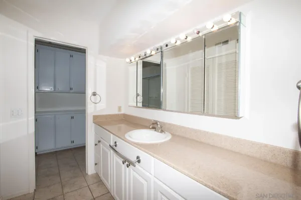 a bathroom with a double vanity sink a mirror and a shower