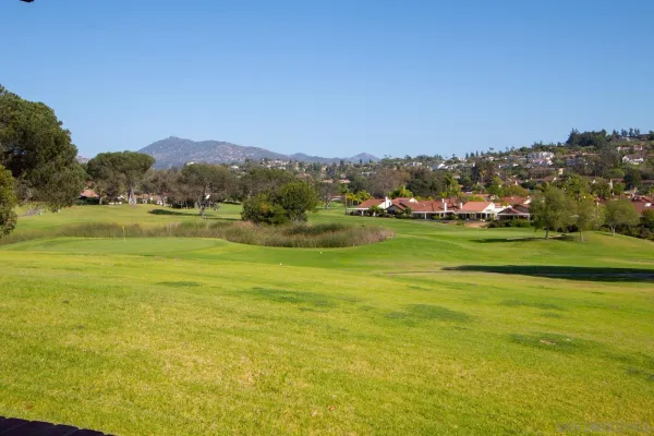 a view of swimming pool with outdoor seating and trees in the background