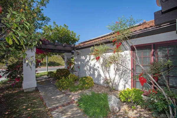 a front view of a house with a yard and potted plants