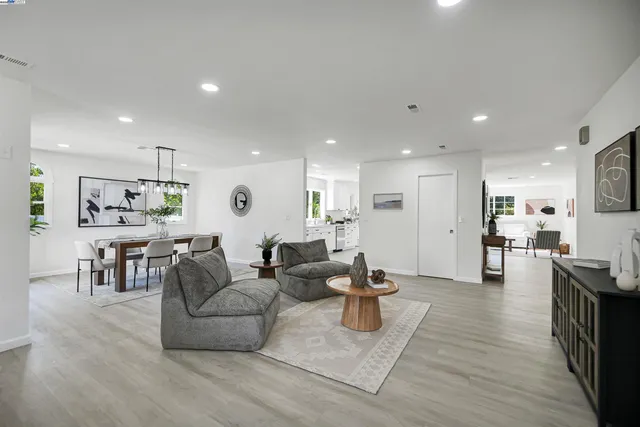 a view of a dining room with furniture