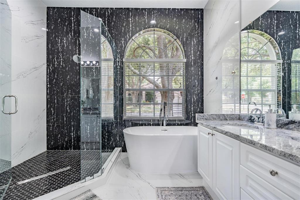 28335 Glade Fern Court Wesley Chapel, FL 33543 - Photo 27 of 44 a bathroom with a granite countertop sink a large mirror and a bathtub