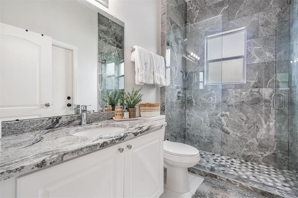 28335 Glade Fern Court Wesley Chapel, FL 33543 - Photo 29 of 44 a bathroom with a granite countertop sink a toilet and a shower