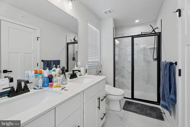 a bathroom with a double vanity sink toilet and shower