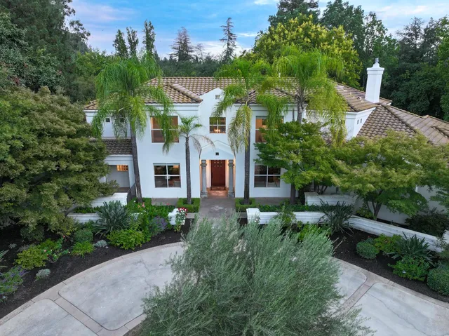 an aerial view of a house with a yard and potted plants