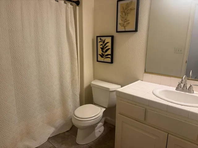 a bathroom with a toilet a sink and curtain