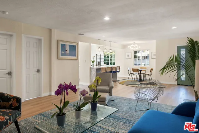a living room with furniture potted plant and a table