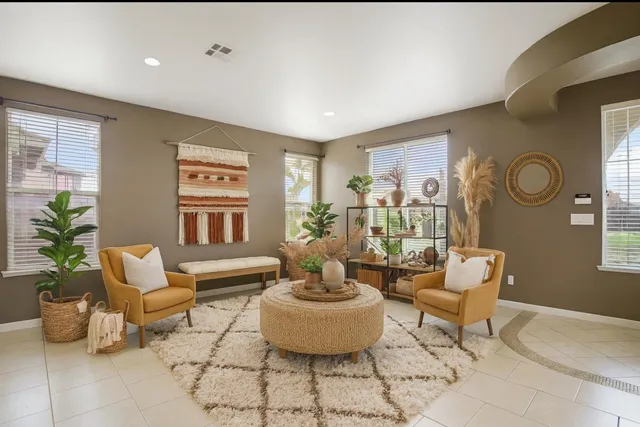 a living room with furniture and a potted plant