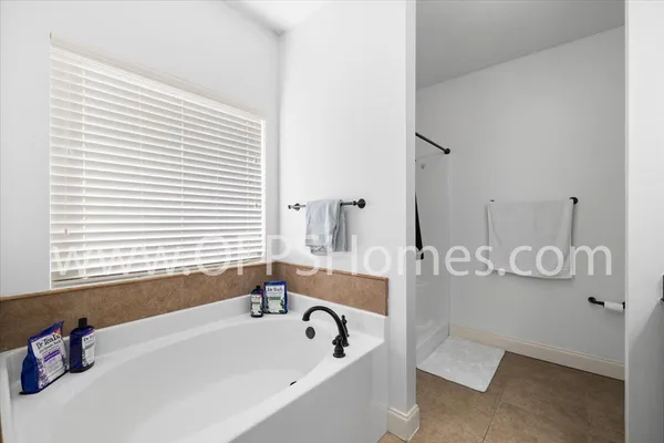 a bathroom with a tub sink and mirror