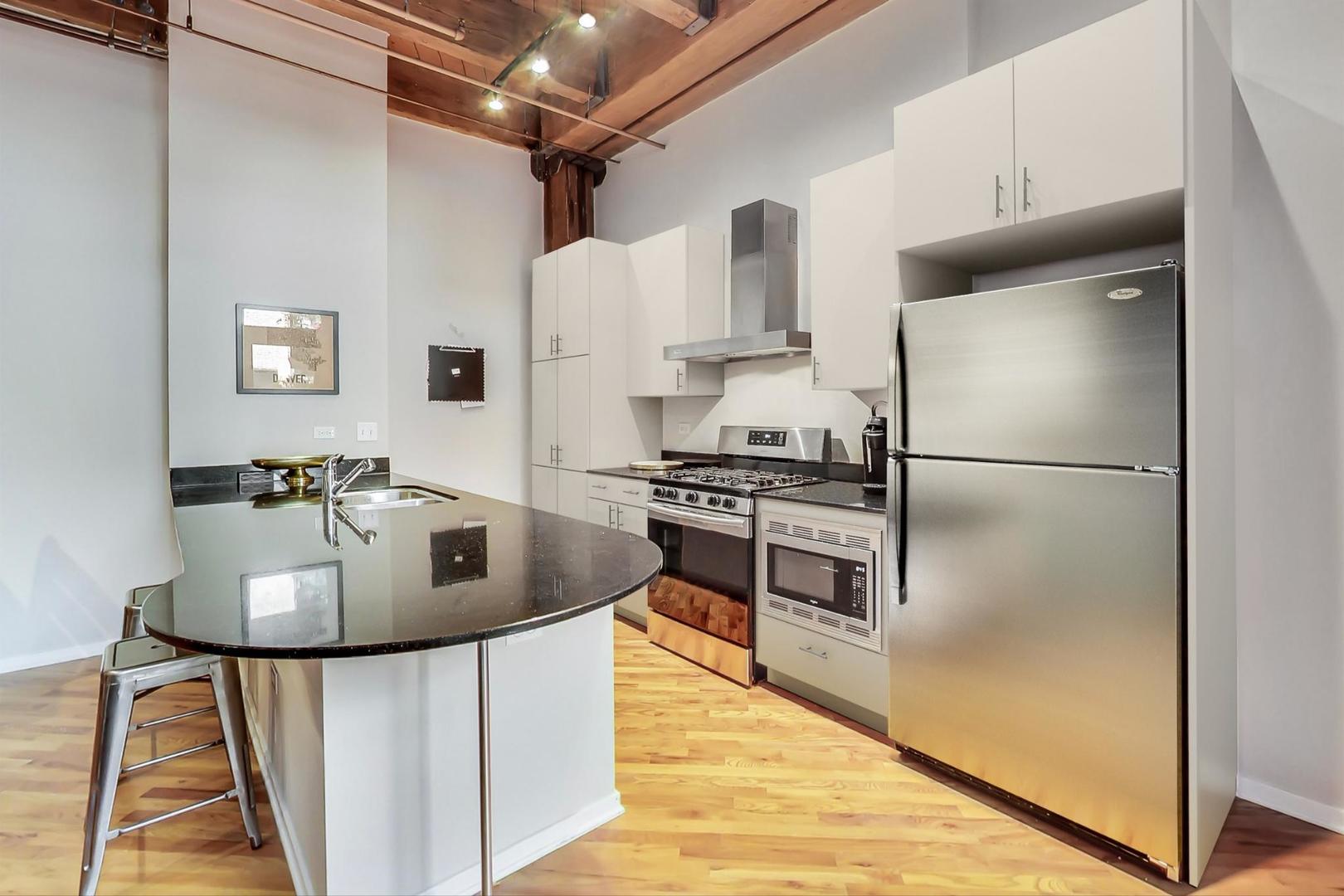 1040 West Adams Street, Unit 220 Chicago, IL 60607 - Photo 6 of 27 a kitchen with kitchen island a counter top space and stainless steel appliances