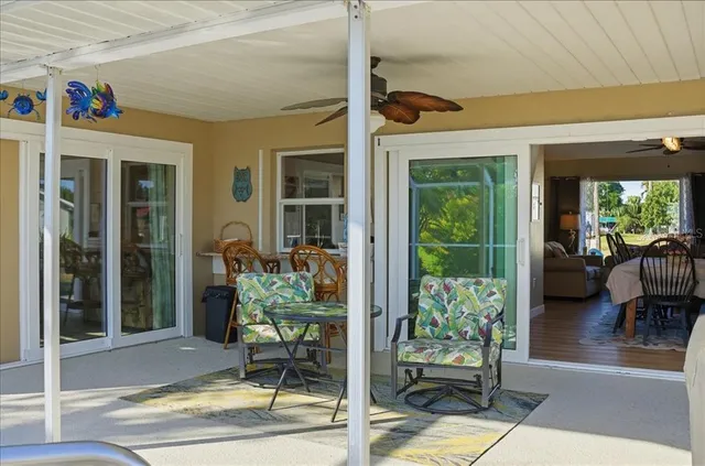 a outdoor seating space with furniture