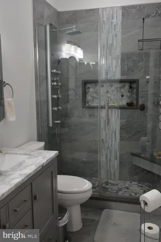 a bathroom with a sink a toilet and shower