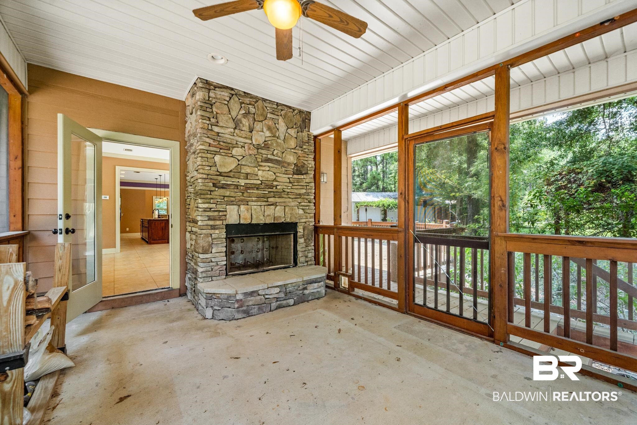 8321 Dixon Road Bay Minette, AL 36507 - Photo 55 of 79 Living room featuring a fireplace, wood ceiling, and ceiling fan