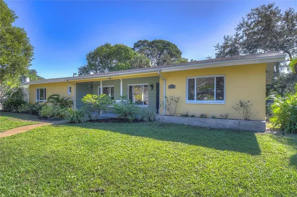 a view of a house with a backyard