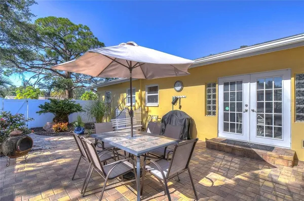a view of a backyard with plants and large tree
