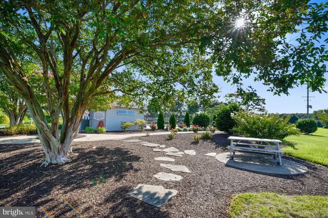 a wooden bench is sitting in the middle of a yard