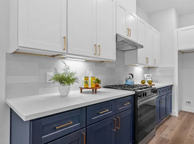 a kitchen with stainless steel appliances granite countertop a sink a stove and white cabinets