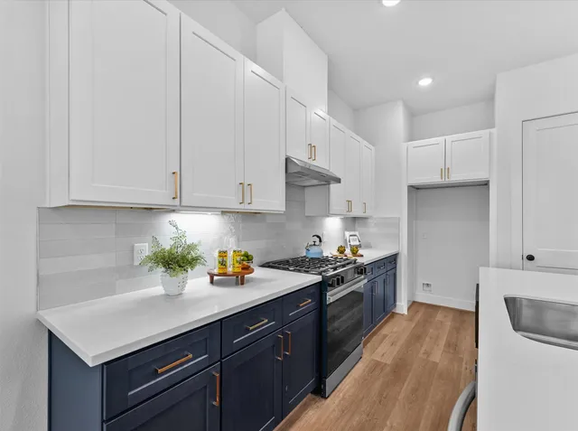 a kitchen with a sink a stove and cabinets