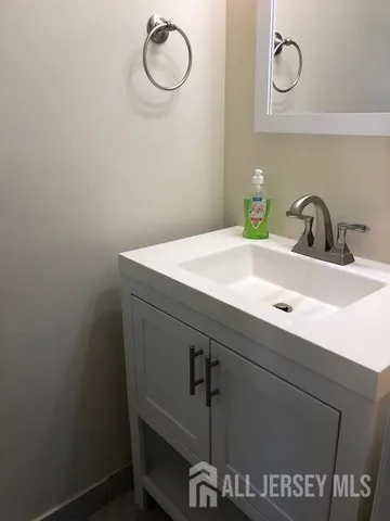 a bathroom with a sink and cabinets