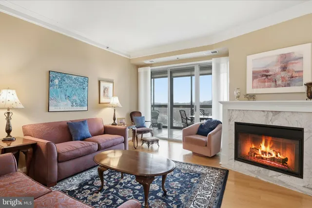 a living room with furniture a rug a fireplace and a large window