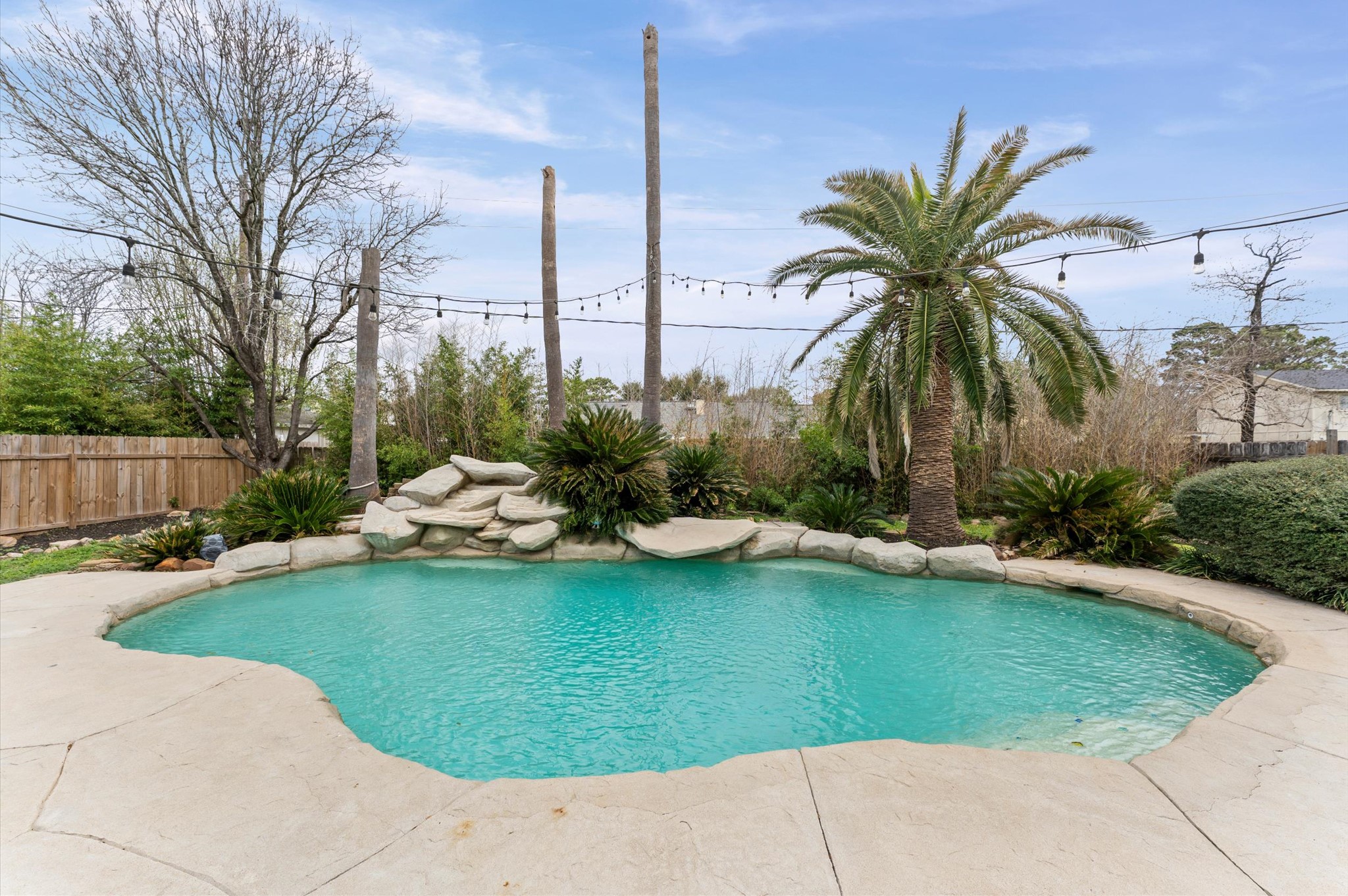 9810 Charter Ridge Drive Houston, TX 77070 - Photo 1 of 28 This backyard features a beautiful, freeform swimming pool with stone accents and lush landscaping. It offers a serene setting with a palm tree, privacy fence, and outdoor string lighting, ideal for relaxation and entertainment.