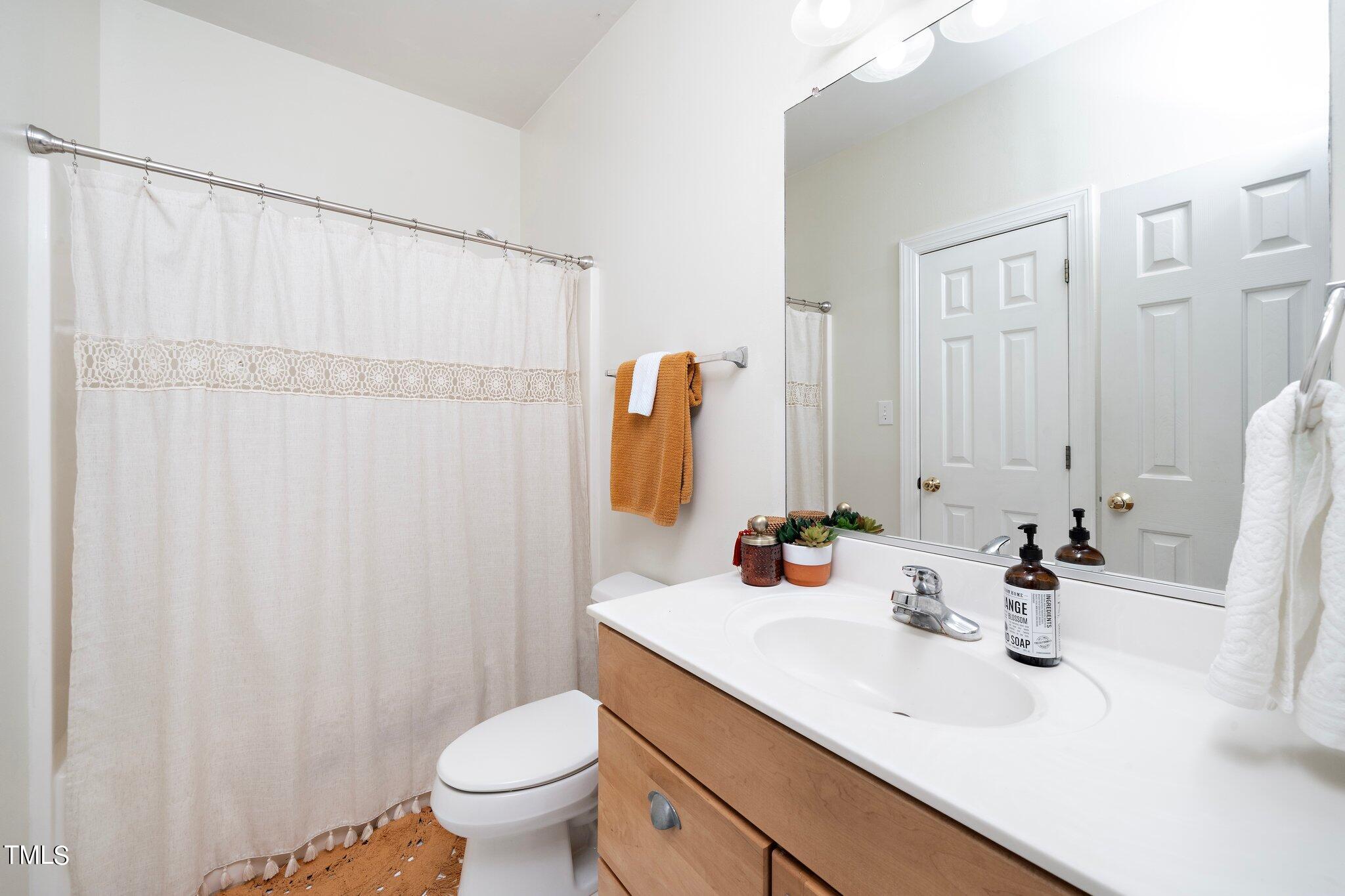 4427 Spring Meadows Road Hillsborough, NC 27278 - Photo 14 of 42 a bathroom with a sink a toilet and shower curtain