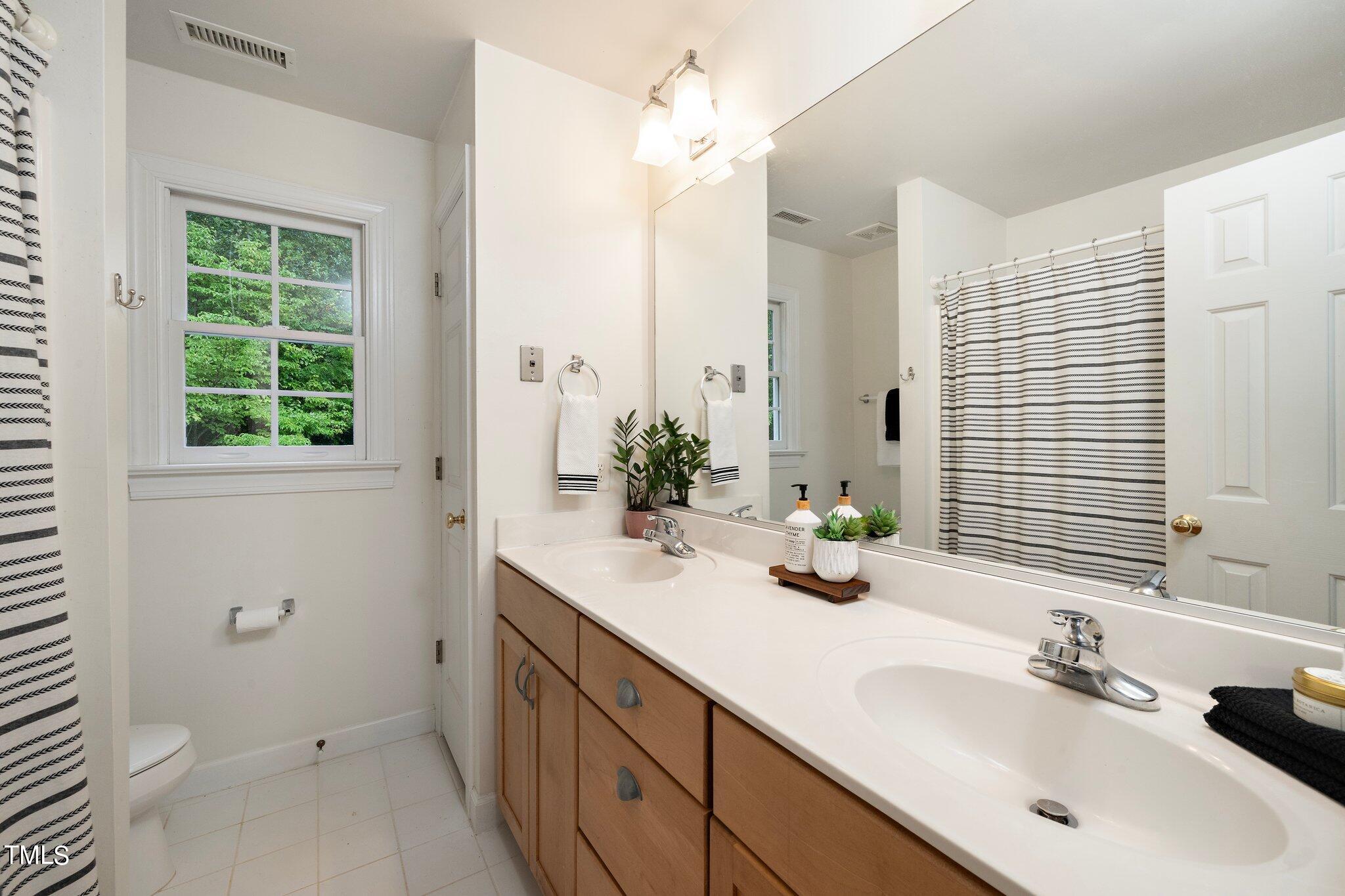 4427 Spring Meadows Road Hillsborough, NC 27278 - Photo 22 of 42 a bathroom with a double vanity sink toilet and a mirror