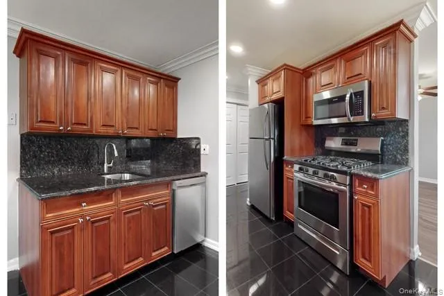 a kitchen with stainless steel appliances granite countertop a stove microwave and refrigerator