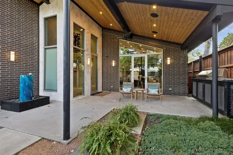 a garden view with a seating space