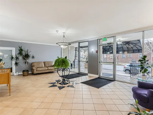 a living room with furniture a potted plant and a table