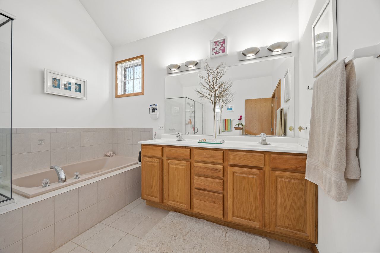 1343 Camelot Lane Lemont, IL 60439 - Photo 24 of 37 a bathroom with a tub sink and mirror
