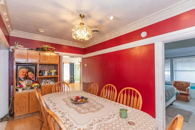 a view of a dining room with furniture