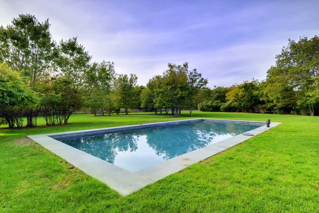 a view of a swimming pool with a yard
