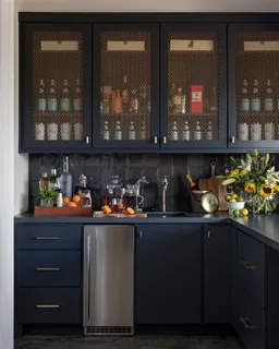 a room with wooden cabinets