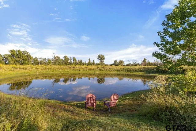 a view of a lake with a yard and trees